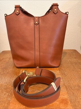 Classic Brown Faux Leather Bucket Bag with Detachable Strap
